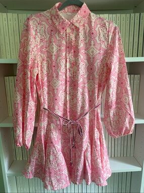 Pink Patterned Mini Dress with Tie Waist